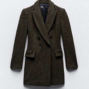 NWOT Zara Long Olive Double-Breasted Boucle Blazer